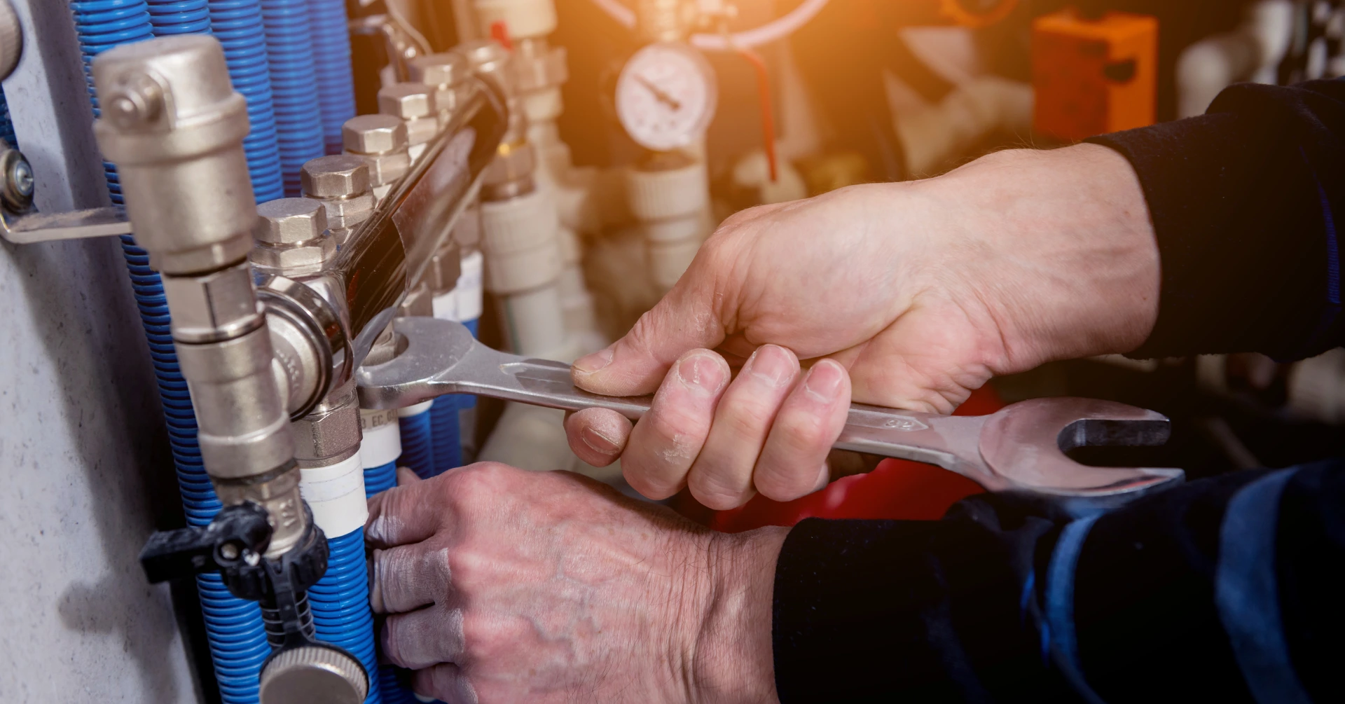 hands holding wrench on water pipes, plumbing problems that can arise in hot weather