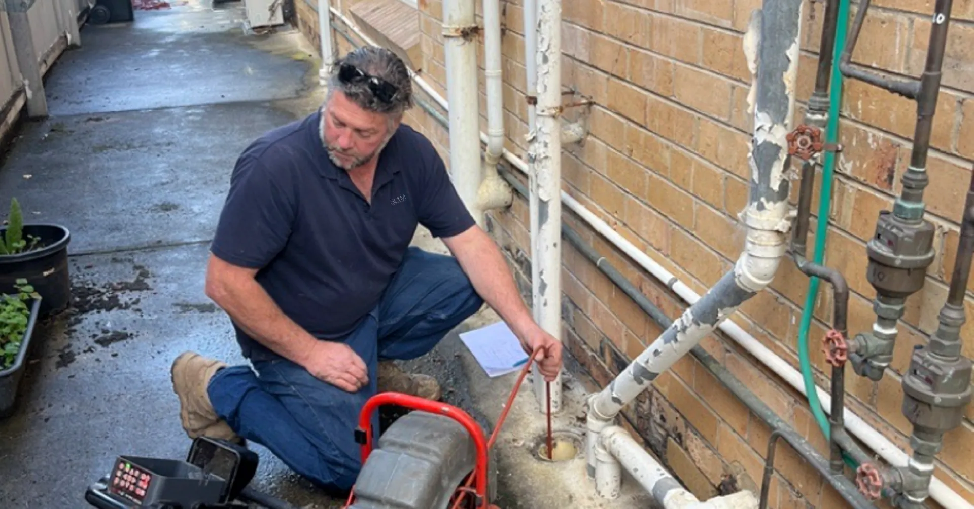 A man in a blue collared shirt and jeans measures an outdoor pipe using a measuring tool. He is standing in an alley next to a plumbing machine with red handles and a red pipe connected to the main pipe.